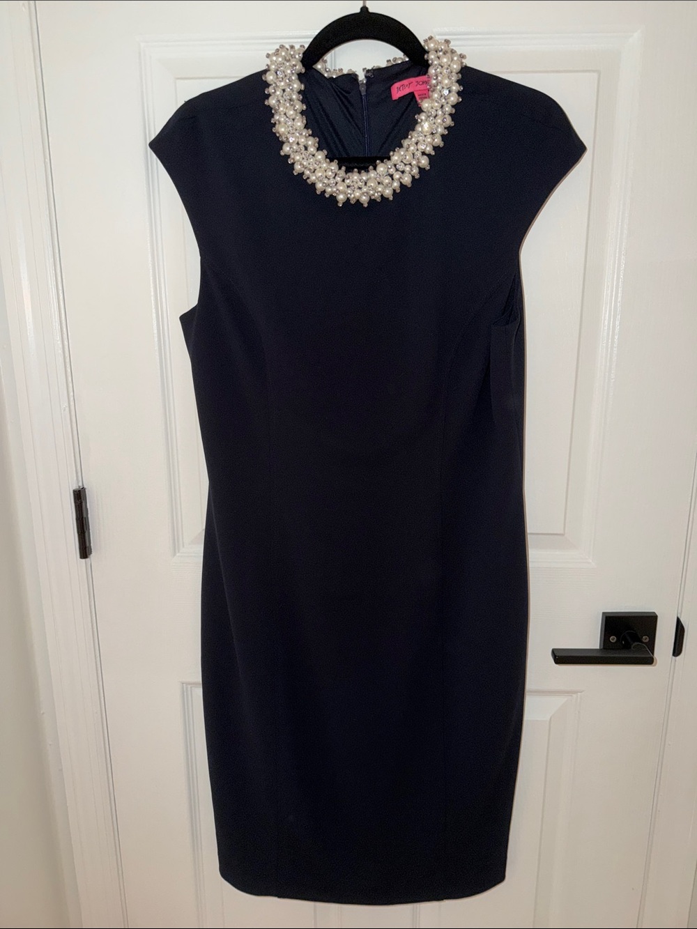 Stunning Betsey Johnson Navy Sheath Dress with Pearl Collar Necklace Detail